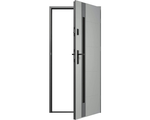 Otvorené vchodové dvere s rámom, kľučkou a bezpečnostným zámkom