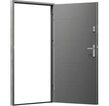Otvorené sivé vchodové dvere s oceľovým rámom