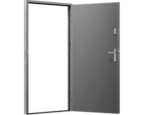Otvorené sivé vchodové dvere s oceľovým rámom