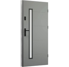 Sivé vchodové dvere so skleneným prvkom a vodorovnými ozdobnými líniami