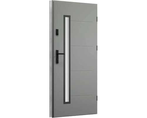 Sivé vchodové dvere so skleneným prvkom a vodorovnými ozdobnými líniami
