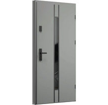 Sivé bezpečnostné dvere s oknom, kľučkou a zámkom