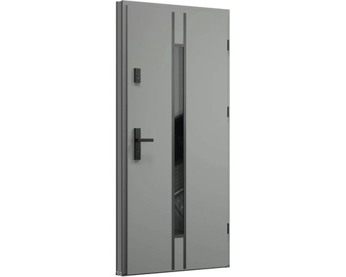 Sivé bezpečnostné dvere s oknom, kľučkou a zámkom