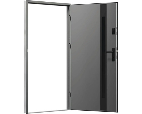 Otvorené sivé vonkajšie dvere s kovaním