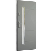 Sivé vchodové dvere so sklenenou vložkou a rámom z nehrdzavejúcej ocele