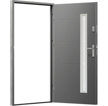 Otvorené vonkajšie dvere s rámom, kľučkou a sklenenou vložkou