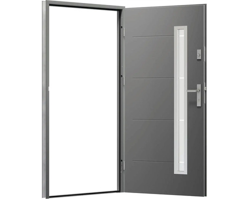 Otvorené vonkajšie dvere s rámom, kľučkou a sklenenou vložkou