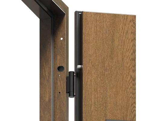 Detailný pohľad na drevené dvere s rámom a závesom