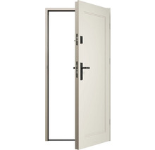 Otvorené biele vchodové dvere s čiernou kľučkou