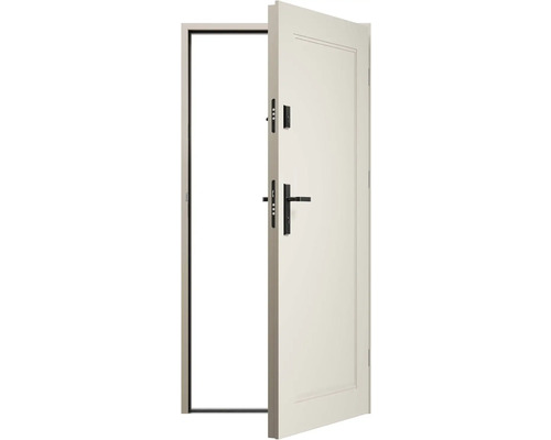 Otvorené biele vchodové dvere s čiernou kľučkou