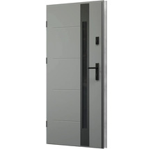 Sivé vchodové dvere s vertikálnym skleneným panelom a vodorovnými ozdobnými lištami