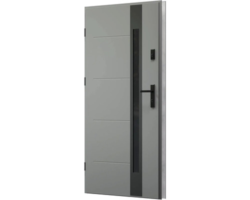 Sivé vchodové dvere s vertikálnym skleneným panelom a vodorovnými ozdobnými lištami