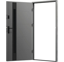 Otvorené sivé vchodové dvere s kľučkou a sklenenou vložkou