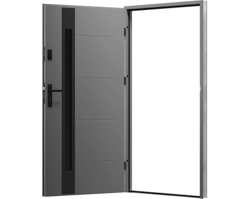 Otvorené sivé vchodové dvere s kľučkou a sklenenou vložkou