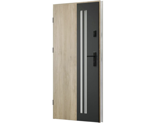 Moderné vchodové dvere s dreveným dekorom a sklenenými vložkami