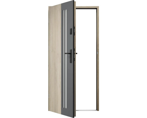 Otvorené vonkajšie dvere s rámom dverí, kľučkou a zámkami