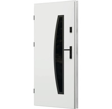 Biele vchodové dvere so sklenenou vložkou a čiernym kovaním