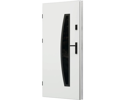 Biele vchodové dvere so sklenenou vložkou a čiernym kovaním