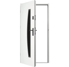 Otvorené biele bezpečnostné dvere s čiernym oknom a kľučkou