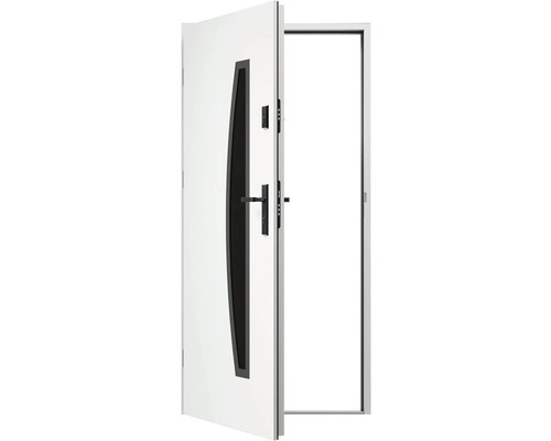 Otvorené biele bezpečnostné dvere s čiernym oknom a kľučkou