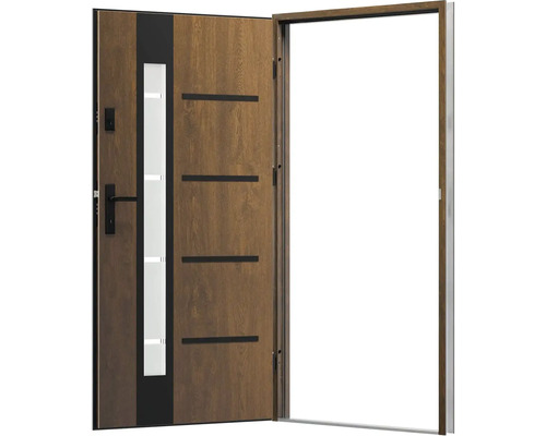 Otvorené vchodové dvere so sklenenou výplňou a vzhľadom dreva
