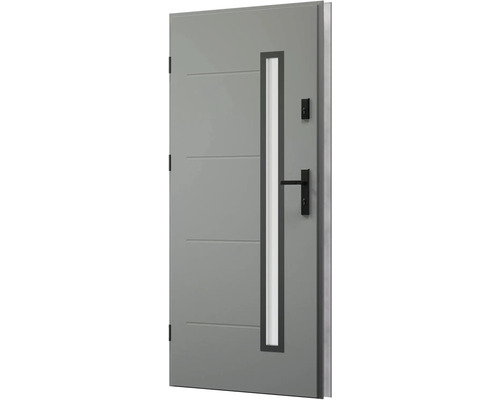 Moderné vchodové dvere so sklenenou výplňou a vodorovnými ozdobnými líniami