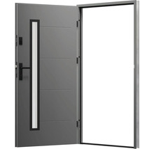 Otvorené sivé vchodové dvere so sklenenou vložkou a kľučkou