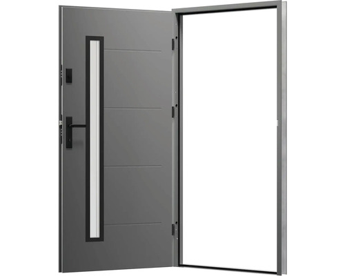 Otvorené sivé vchodové dvere so sklenenou vložkou a kľučkou