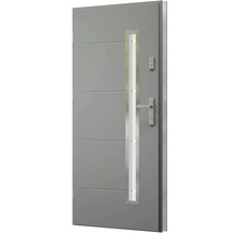 Sivé vchodové dvere so sklenenou výplňou, vodorovnými líniami, kľučkou a zámkom