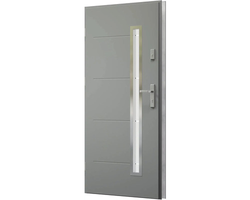 Sivé vchodové dvere so sklenenou výplňou, vodorovnými líniami, kľučkou a zámkom