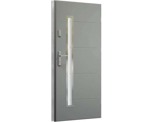 Sivé vchodové dvere s presklenou časťou a vodorovnými líniami