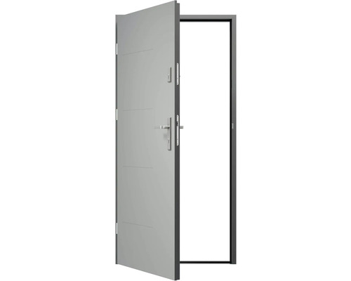 Otvorené sivé vonkajšie dvere s rámom a kľučkou