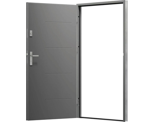 Otvorené sivé vonkajšie dvere s rámom