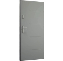 Sivé interiérové dvere s vodorovnými ozdobnými drážkami, kľučkou a zámkom