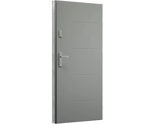 Sivé interiérové dvere s vodorovnými ozdobnými drážkami, kľučkou a zámkom