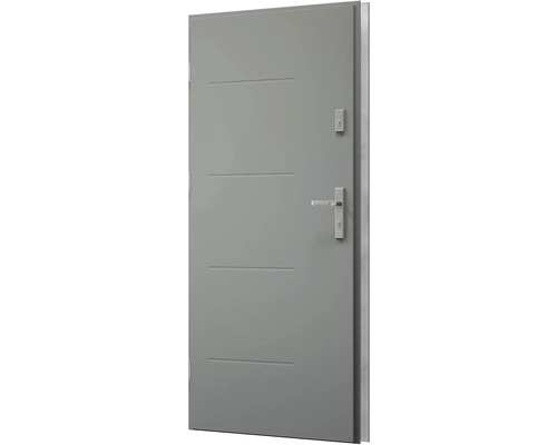 Sivé vchodové dvere s vodorovnými ozdobnými lištami, kľučkou a zámkom