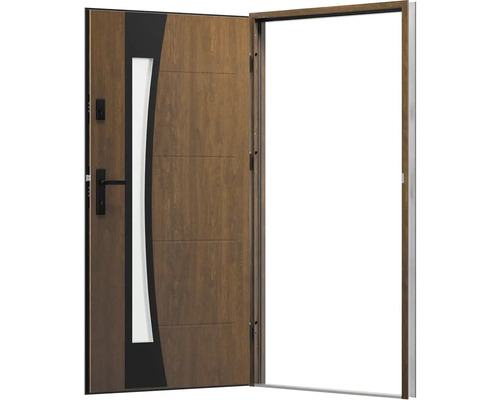 Otvorené drevené vonkajšie dvere so sklenenou vložkou