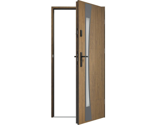 Otvorené drevené vchodové dvere so skleneným prvkom a tmavým rámom