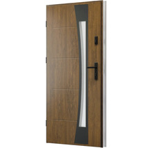 Moderné drevené vchodové dvere so sklenenou vložkou a čiernou kľučkou