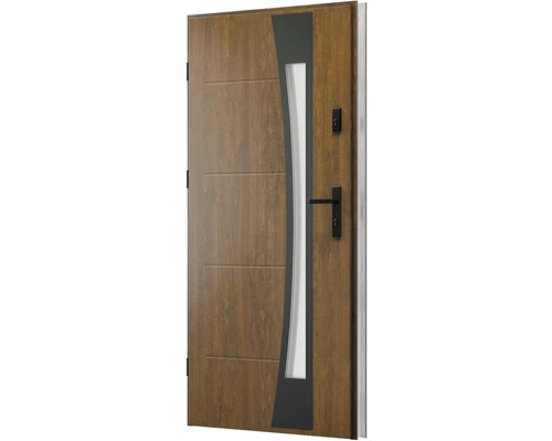 Moderné drevené vchodové dvere so sklenenou vložkou a čiernou kľučkou