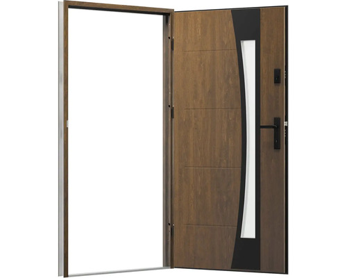 Otvorené vchodové dvere so sklenenou výplňou a drevenou štruktúrou