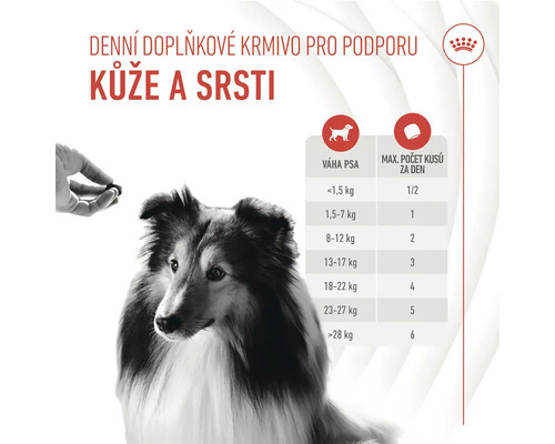 Doplnkové krmivo na podporu kože a srsti s odporúčaním kŕmenia pre psov