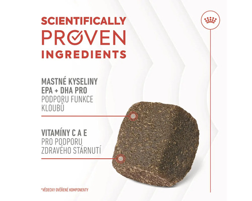 Jeden kúsok suchého krmiva s informáciou o vedecky overených zložkách