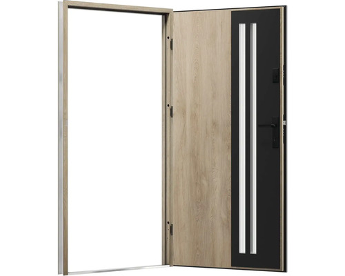 Otvorené dvere s dreveným vzhľadom a sklenenou vložkou