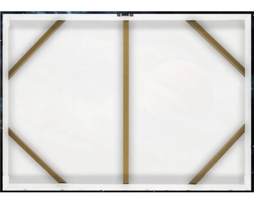 Zadná strana plátna s dreveným rámom a závesným zariadením.