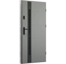 Sivé vchodové dvere so sklenenou vložkou a čiernou kľučkou