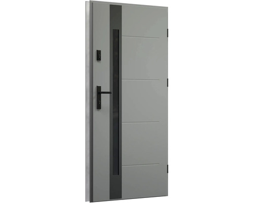 Sivé vchodové dvere so sklenenou vložkou a čiernou kľučkou