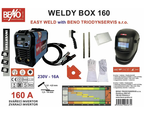 Zváracia invertorová súprava so zváracou kuklou, elektródami, drôtenou kefou, rukavicami a magnetickým uholníkom