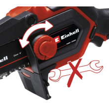 Logo Einhell. Ilustrácia znázorňuje napínanie reťaze reťazovej píly bez použitia náradia.
