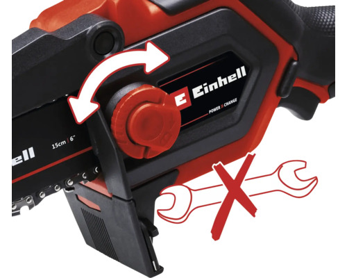 Logo Einhell. Ilustrácia znázorňuje napínanie reťaze reťazovej píly bez použitia náradia.